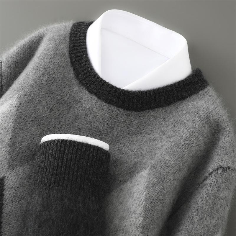 Men's Retro Diamond Pattern 100% Wool Sweater - Thick Knit Round Neck Pullover for Autumn/Winter