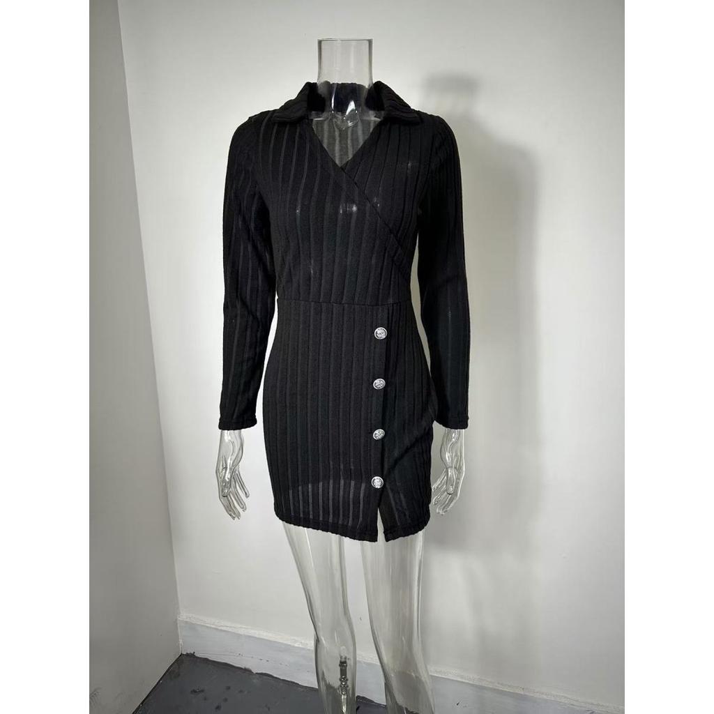 Women's Autumn and Winter Solid Color Long-sleeved V-neck Tight-fitting Short Dress