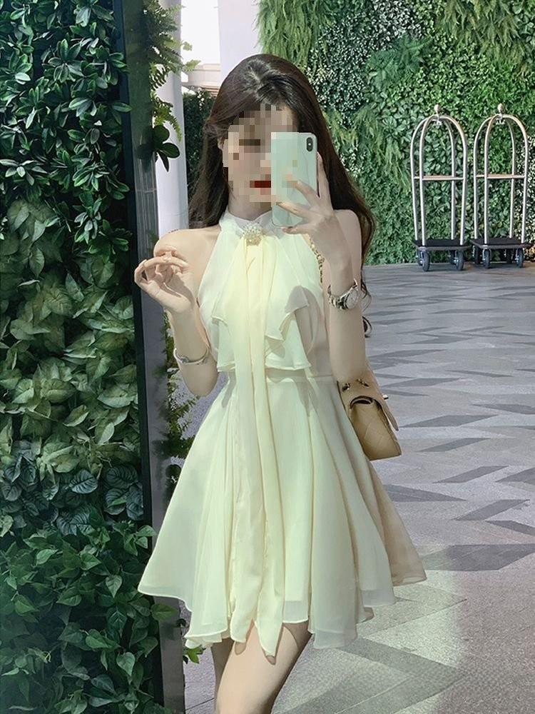 French Lady Irregular Waistless Chiffon Dress With Halter Neck For Summer Fashion