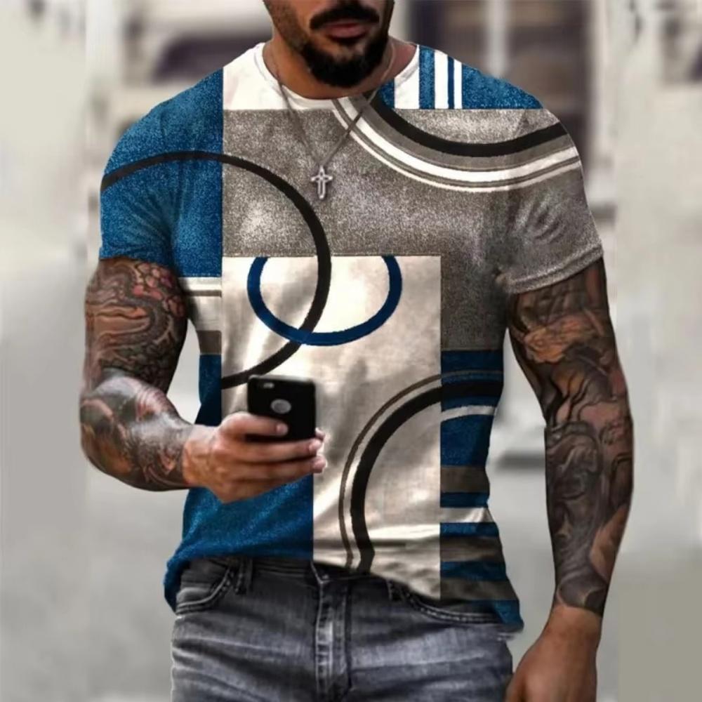 Men's Striped Pattern 3D Printed T-shirt, Summer Casual Chic Round Neck Top, Short Sleeved Outdoor Comfortable Personalized Short Sleeved Clothing