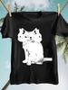 Men's Black T-shirt with White Cat Print Retro Simple Street Hip Hop Short Sleeve Soft and Comf