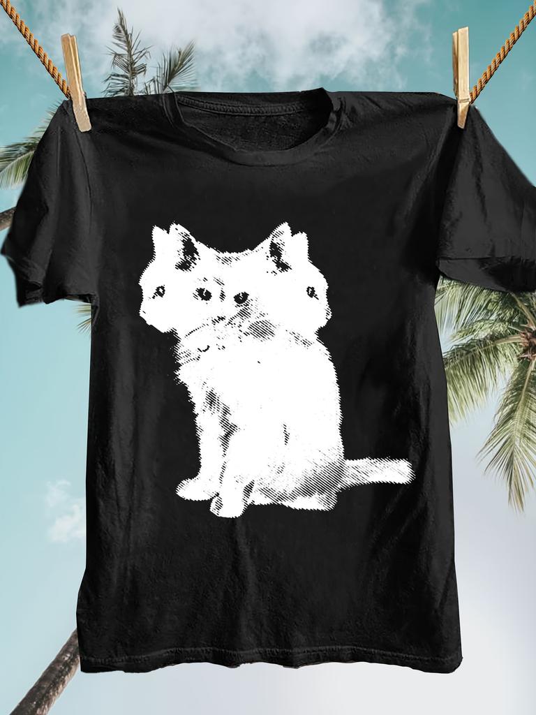 Men's Black T-shirt with White Cat Print Retro Simple Street Hip Hop Short Sleeve Soft and Comf