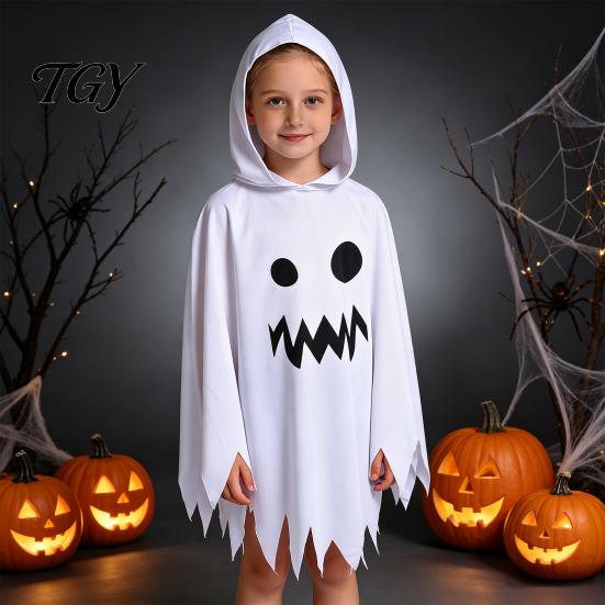 Black And White Ghost Cloak Halloween with Hood, Loose Fit Irregular Hem Costume Hooded Cape for Cosplay Party, Spooky Pullover Kids Adults