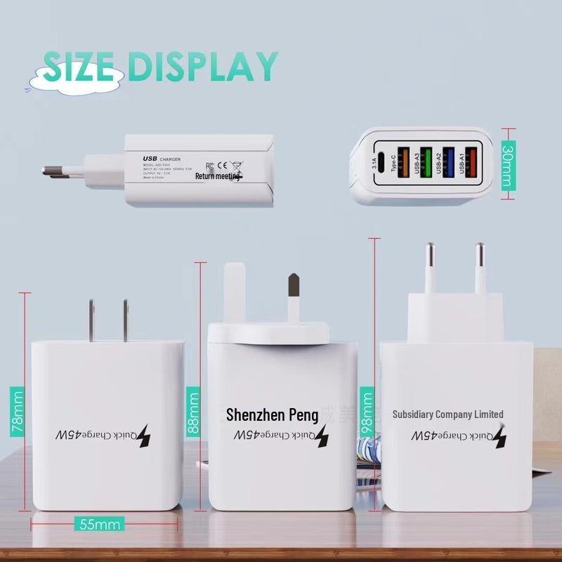 4-Port USB & 1-Port PD Mobile Phone Charger 5V 3.1A with EU, US, UK Plug