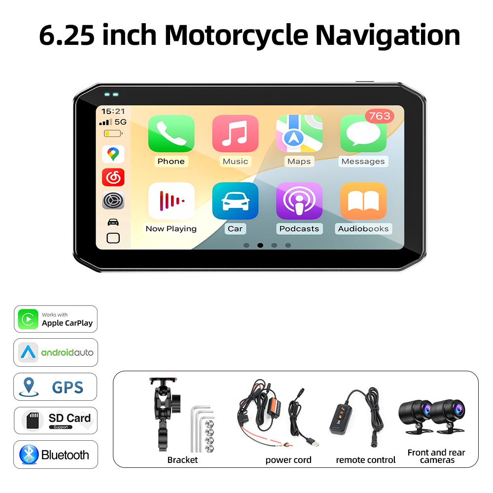 Přenosný 6,25palcový IP67 voděodolný motocykl GPS navigace Bezdrátová Carplay Android Auto DVR Drive Recorder Moto Monitor WIFI
