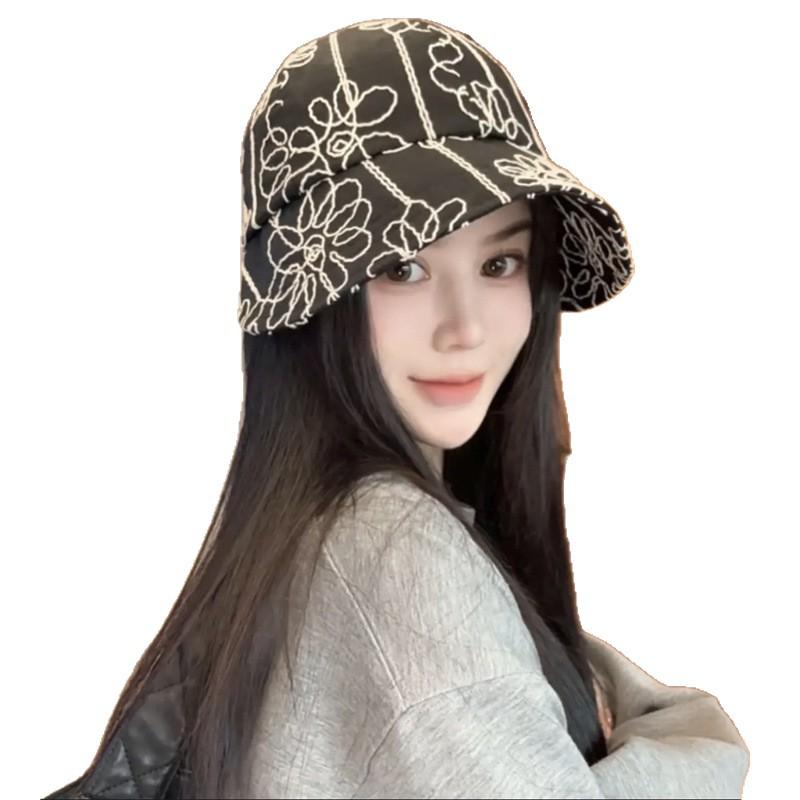 Korean Style Flower Embroidered Fisherman's Hat Sun Protection Sun Hat for Women Spring Sun Protection Sun Hat