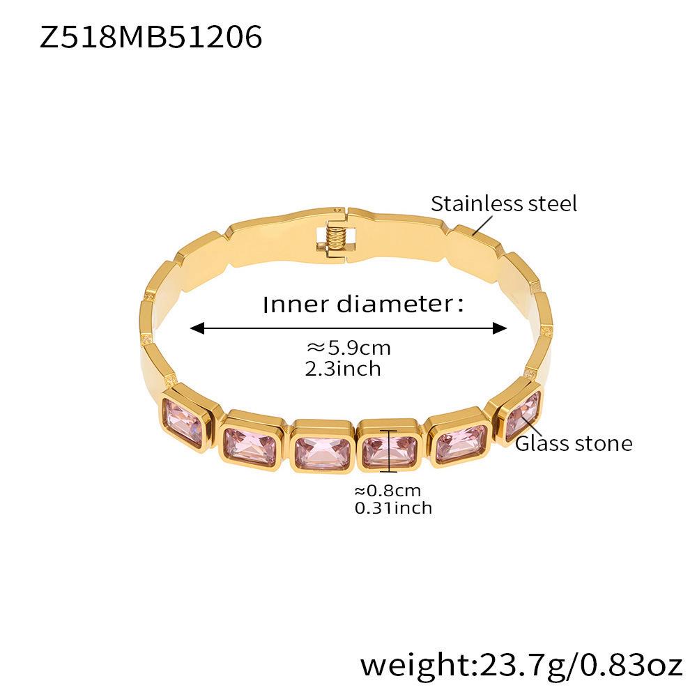 18K Gold Plated Stainless Steel Bracelet with Square Colored Glass Stones In Trendy European and American Niche Design - Fade Resistant.