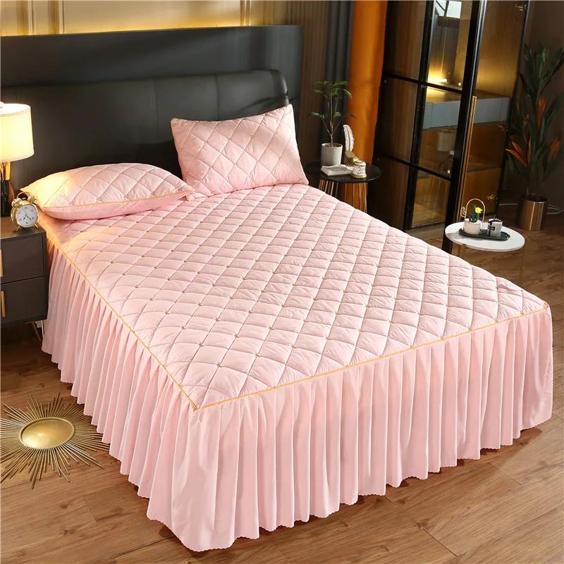Luxury Quilted Bed Skirt Winter Warm Thicken Velvet Bedspread King Good Hand Feeling Bed Cover Not Included Pillowcase