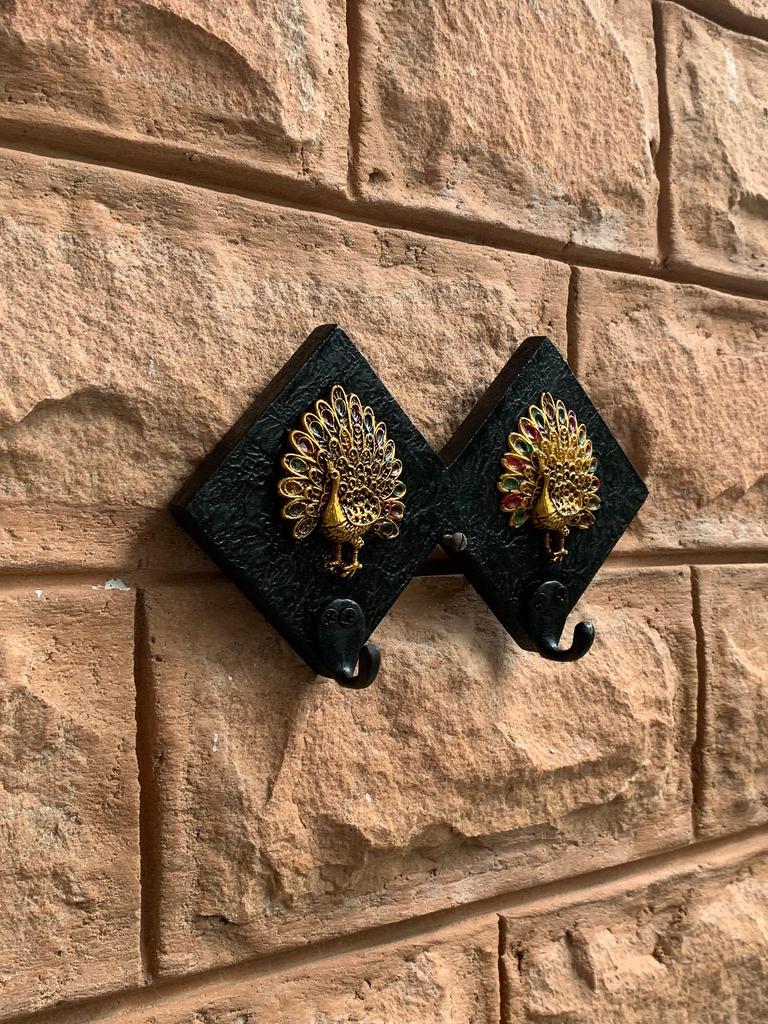 Hand Painted Wooden Peacock Wall Hooks: Black & White Decor