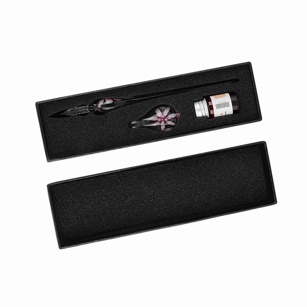 Retro   Elegant Flower Glass Dip Pen Signature Ink Fountain Pen with Ink Penholder Pink