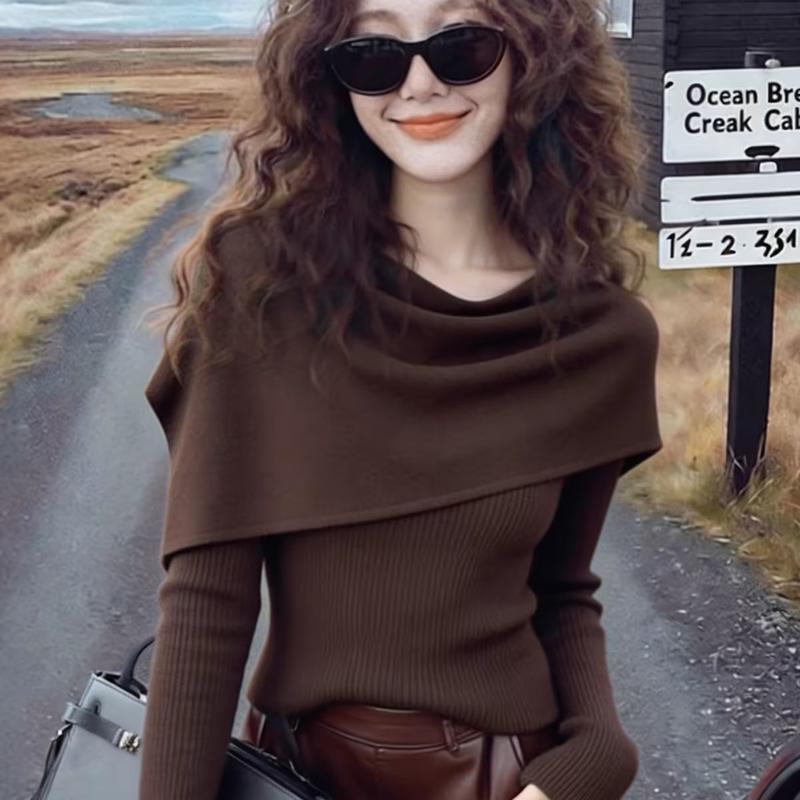 La Chapelle French-Style Drape Collar Knit Top