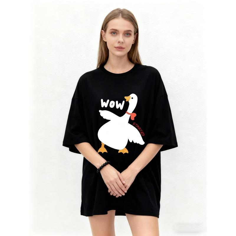 Oversized T-Shirt Black Duck Print With Wow Text Casual Wear For Women Summer Streetwear Fashion