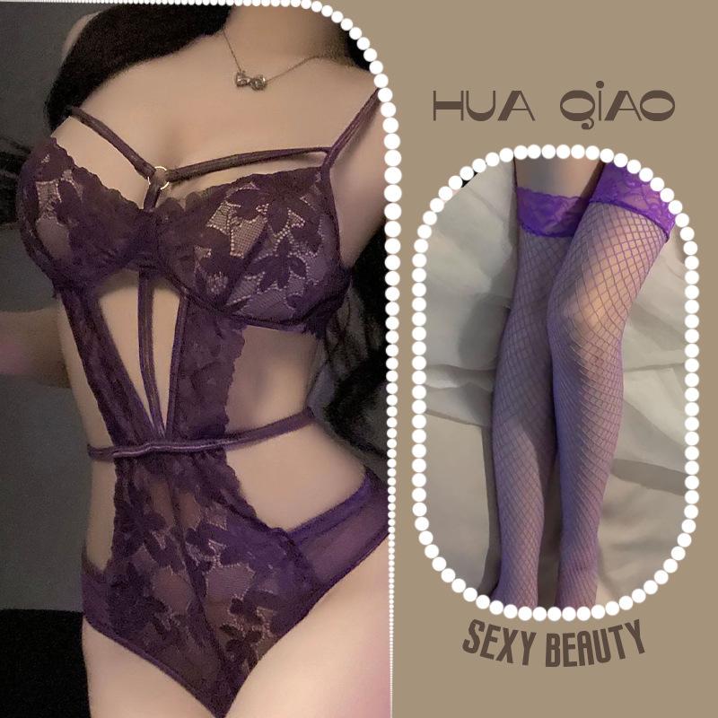 Hollow Skinny Underwear Sexy Siamese Temptation Strap Perspective Lace Free Purple Flirting Underwear
