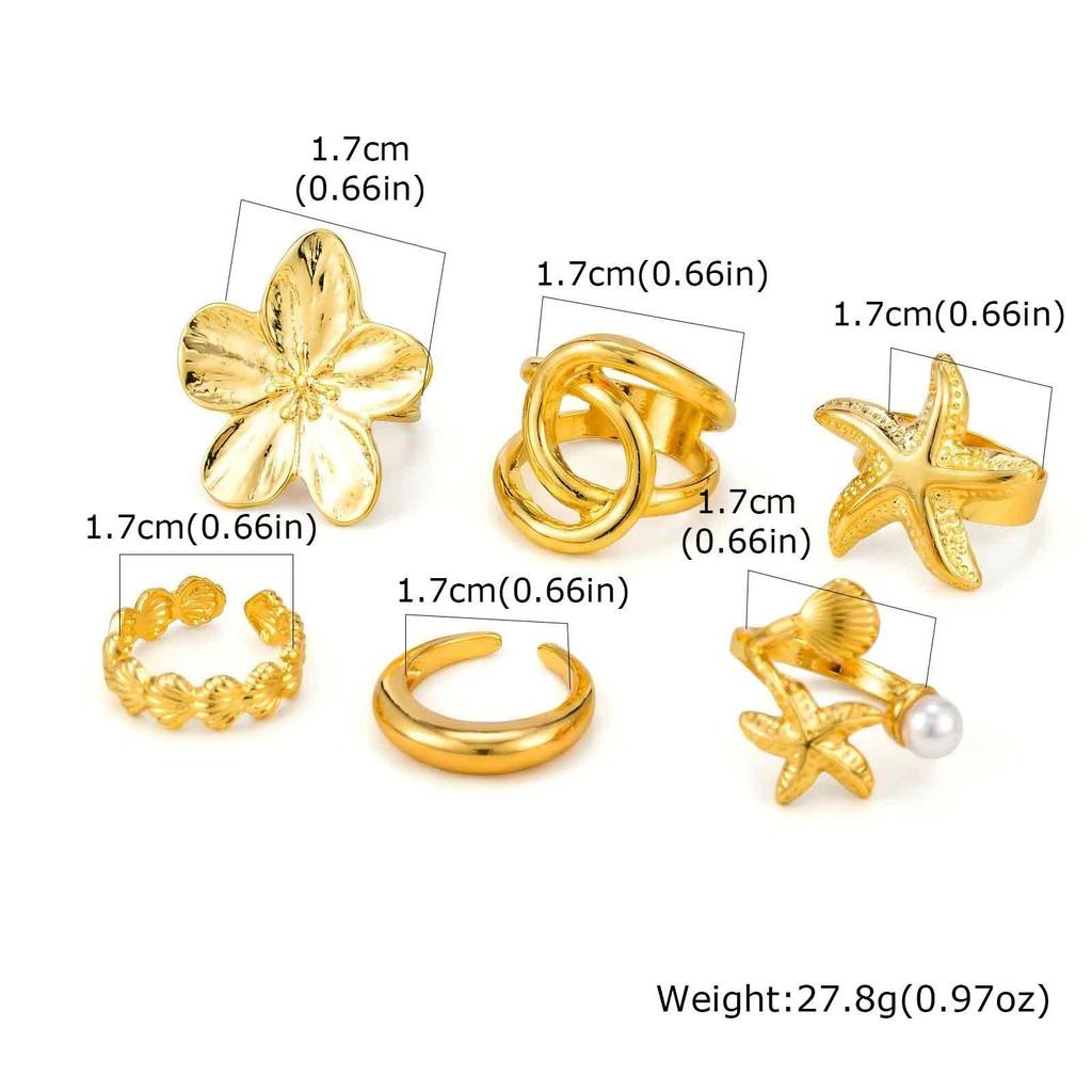6pcs Set Chic Vintage Gold Plated Geometric Conch Flower Shell Open Ring for Women Daily Wear Party Engagement Jewelry Gifts