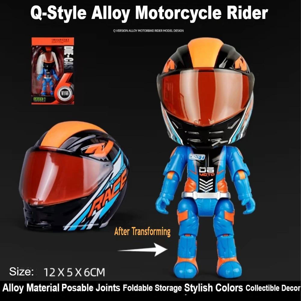 Transformable Alloy Motorcycle Rider Figure with Helmet Desktop Ornament Model Collectible Gift for Boys Kids