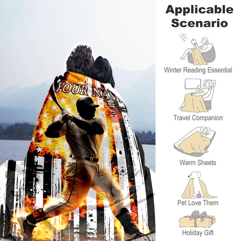 1PC Custom Name Baseball Power Pose flannel blanket versatile, all-season throw suitable for the living room, bedroom, camping, travel, and gift