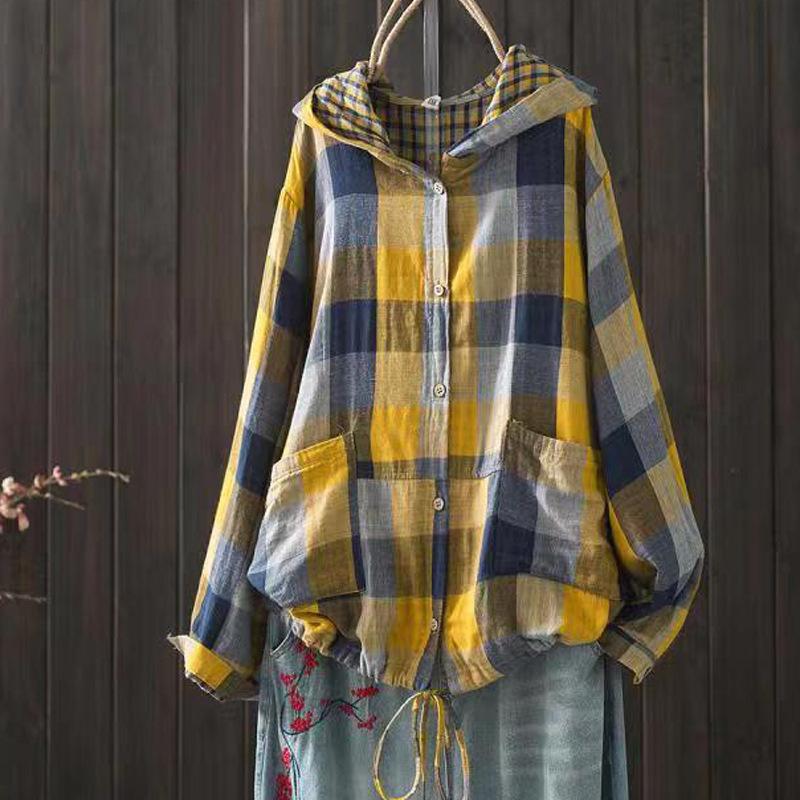 Women's Hooded Double-layer Cotton Yarn Plaid Shirt   Literary Retro Casual Cardigan Top Jacket