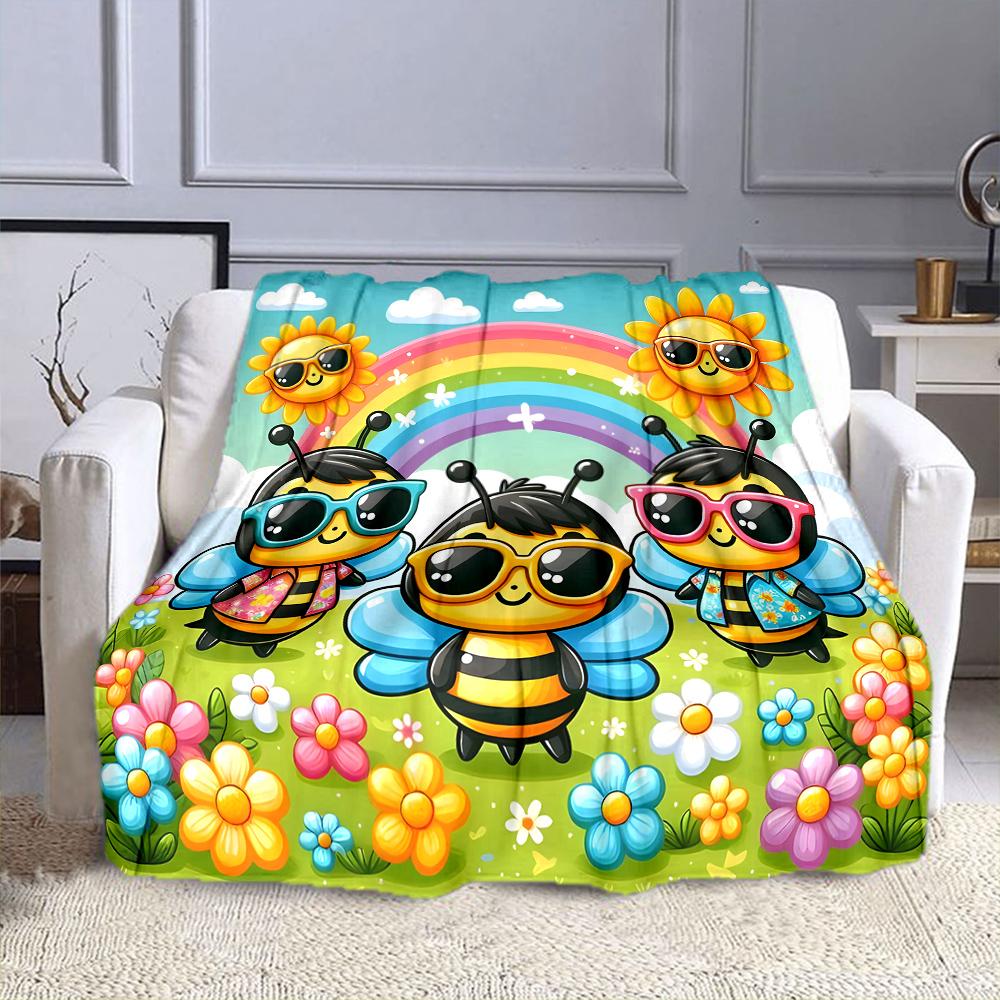 Cute Bees with Sunglasses and Rainbow Patterned flannel blanket perfect for the bedroom living room, sofa, or a little nap
