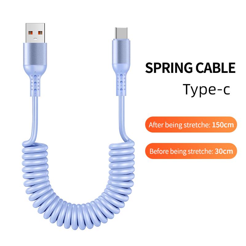 1.5M Coiled USB-C Type C 5A Fast Charging Data Cable 90 Right Angle Retractable Pure Copper Mobile Phone Cord for