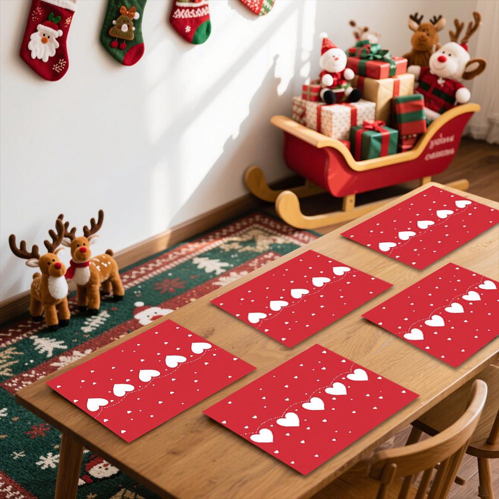 1pc or 4/6pcs Heart-Shaped Placemats - Red & Heart Pattern with Deer & Snowflake Design, Heat-Resistant Polyester Table Mats for Valentine'S Day