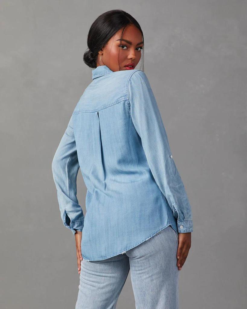 Women's Long-Sleeve Denim Shirt with Turn-Down Collar - Casual, European and American Style (Style 16810)