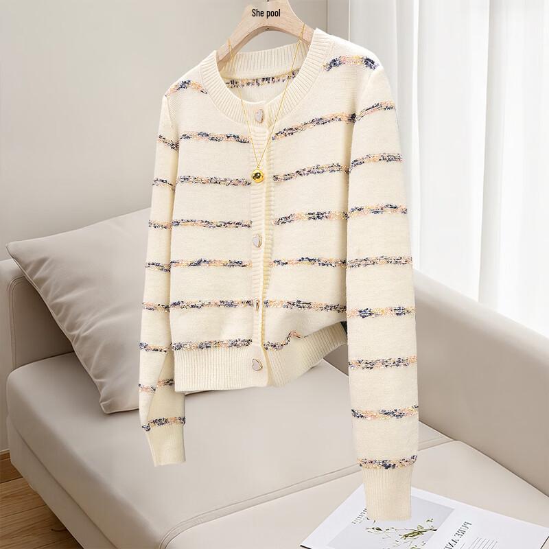

Women s Elegant Round Neck Striped Knit Cardigan One Size