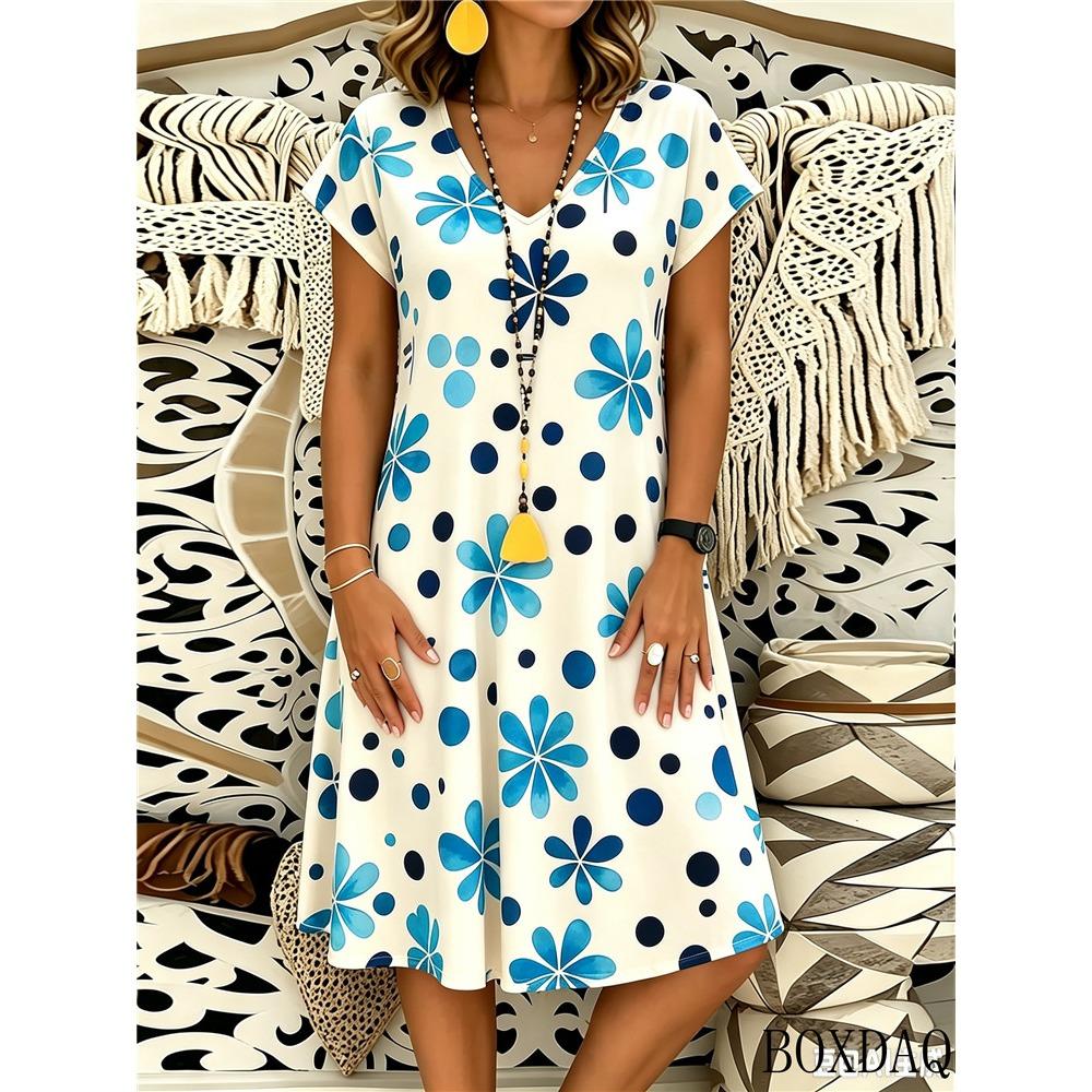 Short Sleeved V-Neck Summer Women's Dress New Casual Flower Polka Dot Print Loose Dresses