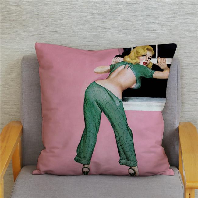 Vintage European Sexy Women Polyester Cushion Cover Sexy Lady Pattern Pillow Cover Decorative For Car Sofa Home 45X45Cm