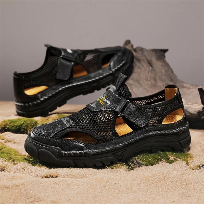 Fashion Hot Sale Summer Men's Shoes Outdoor Sandals Non-slip Men Beach Flats Handmade Leather Man Mesh Shoes Fashion Wading Aqua Shoes