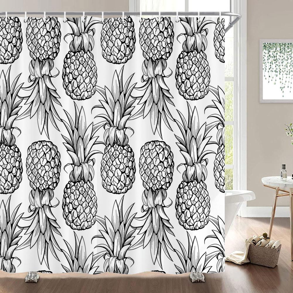 1 Pcs Shower Curtain Flowers Plants Black Printed Bathroom Curtain Polyester Cloth Waterproof Home Decoration Curtain with Hook