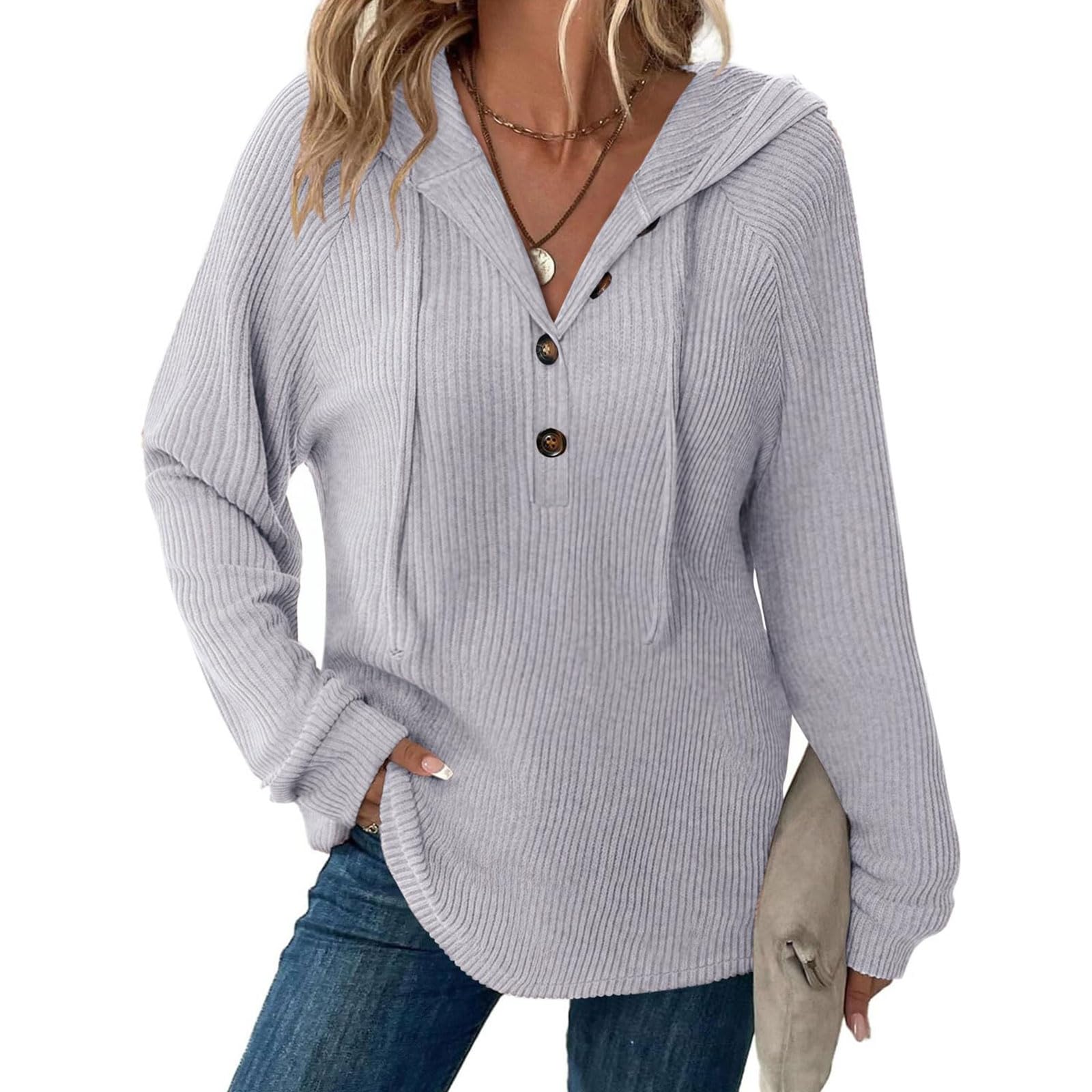 

Women s Fashion Long-Sleeved Hooded Sweatshirt With Drawstring And Button-Up V-Neck Pullover Casual Sports Sweatshirt Top XXL