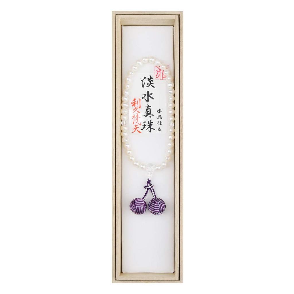 Women's Buddhist Prayer Beads, Informal, Kyoto Style, Suitable for All Sects, 7mm White Freshwater Pearls with Crystal Setting, Rikyu Bonten