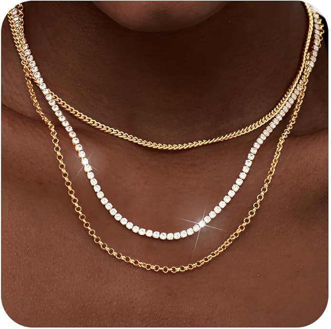 Ensemble de Colliers Ras du Cou Multicouches Plaqué Or pour Femmes - 3 Pièces Chaînes Minimalistes Cubaines et Trombone