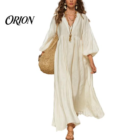 Comfortable Women Dress Women's Deep V Neck Maxi Dress, Puff 3/4 Sleeve Elegant Casual A-Line Flowy Loose Boho Beach Sundress Versatile