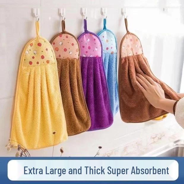 Set of 3 Hanging Coral Fleece Kitchen Hand Towels - Absorbent & Comfortable