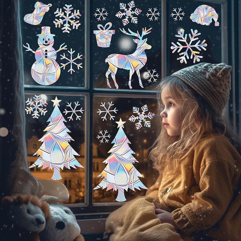 Sun Catcher PVC Electrostatic Glass Stickers for Window Funny Christmas Theme Pattern Rainbow Prisms Sticker Christmas Decals
