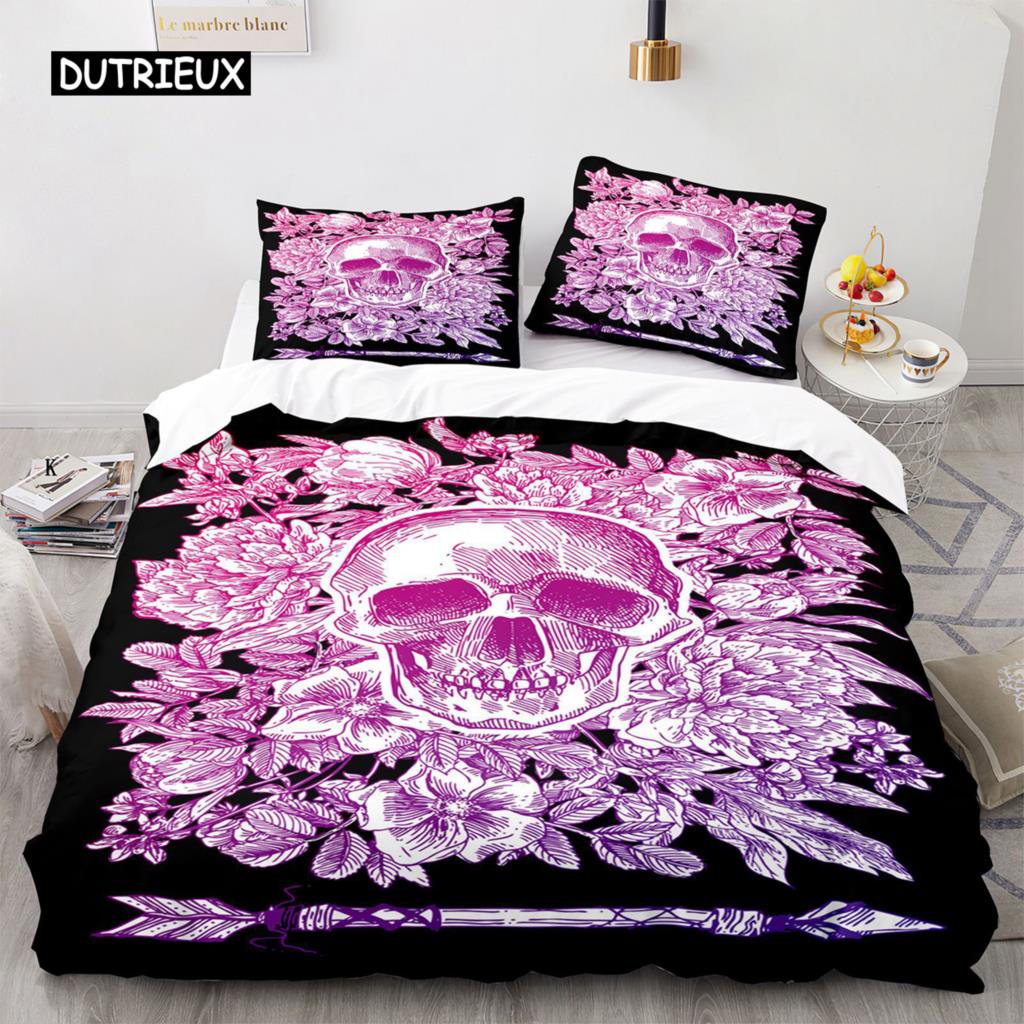 Povlak na přikrývku Sugar Skull King Mikrovlákno Růžový Ložní Set Květinová Lebka Povlak na Přikrývku Černá Červená Oranžová Kostra Jednolůžkový Povlak na Prošívanou Přikrývku