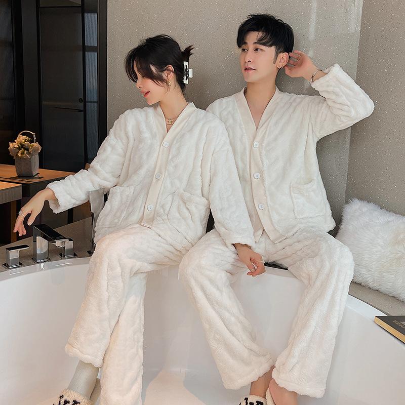 Autumn Winter Coral Fleece Pajamas Set Couple Casual Home Wear Women's Warm Flannel Intimate Lingerie Sleepwear Men Loungewear