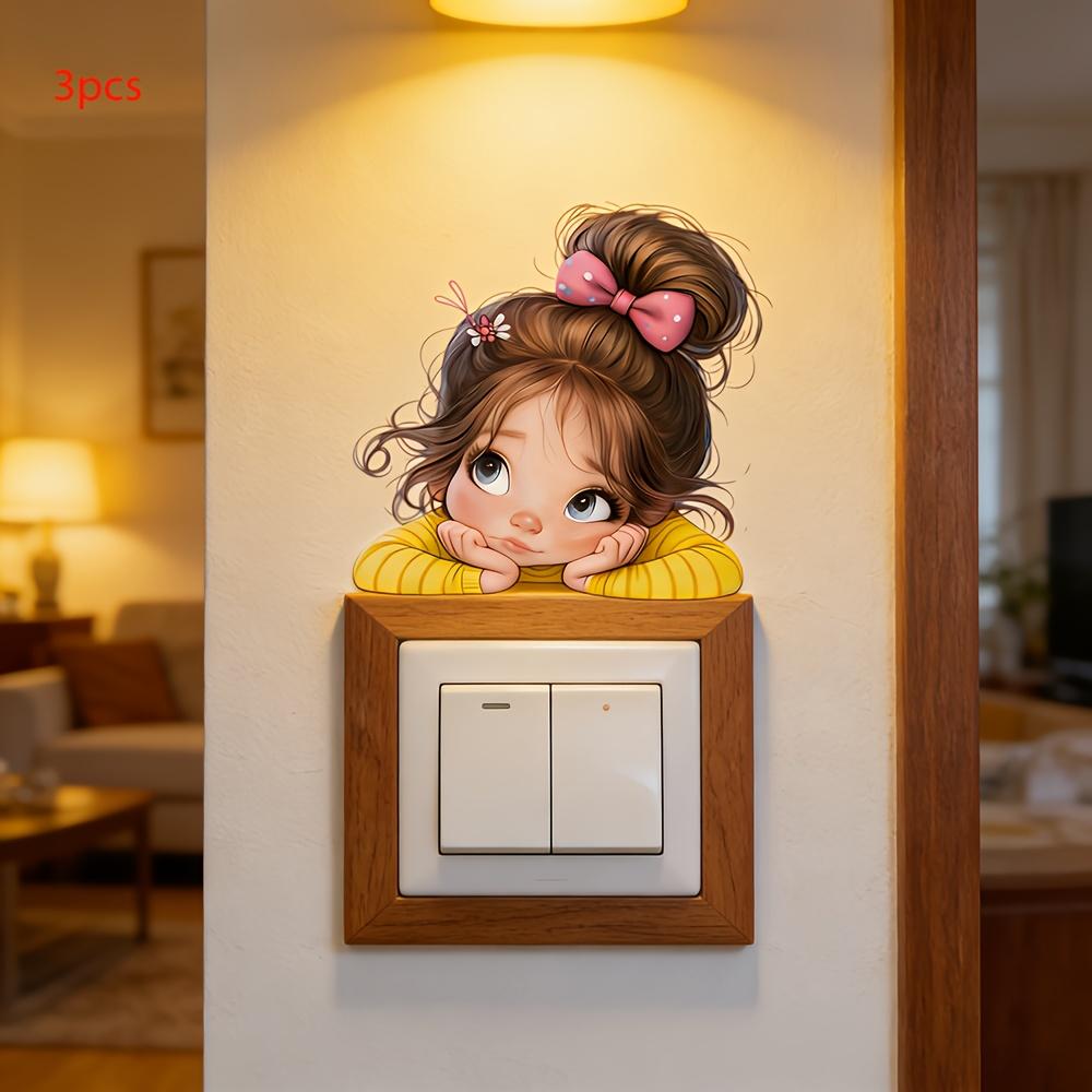 3Pcs Cartoon Girl Switch Stickers, Self-Adhesive PVC Wall Decals for Home & Office Decor