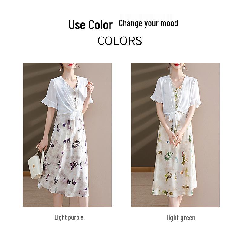 2026 Summer Fashion Chiffon Two-Piece Skirt Set for Middle-Aged & Elderly Women - Short Sleeve Dress