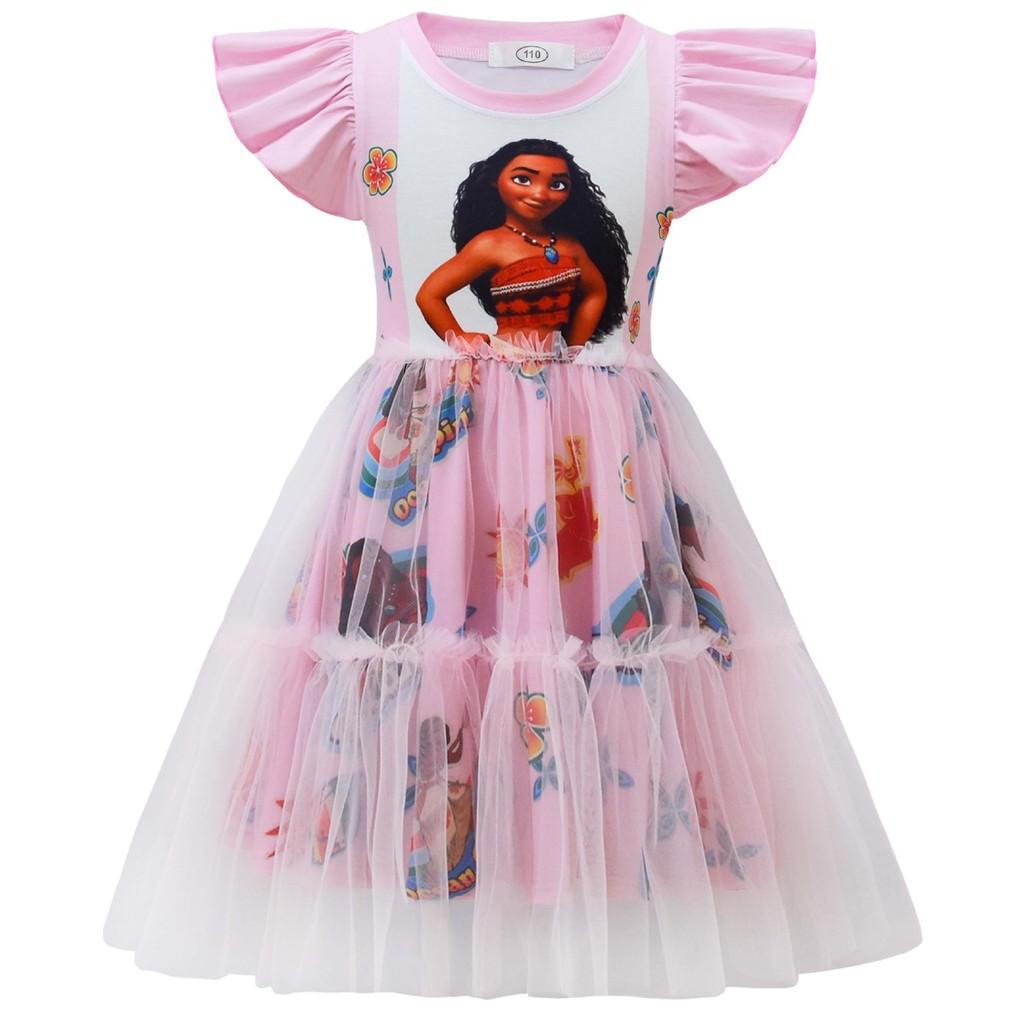 98037 Kids Girls Moana Princess Print Round Neck Mesh Dress 110cm