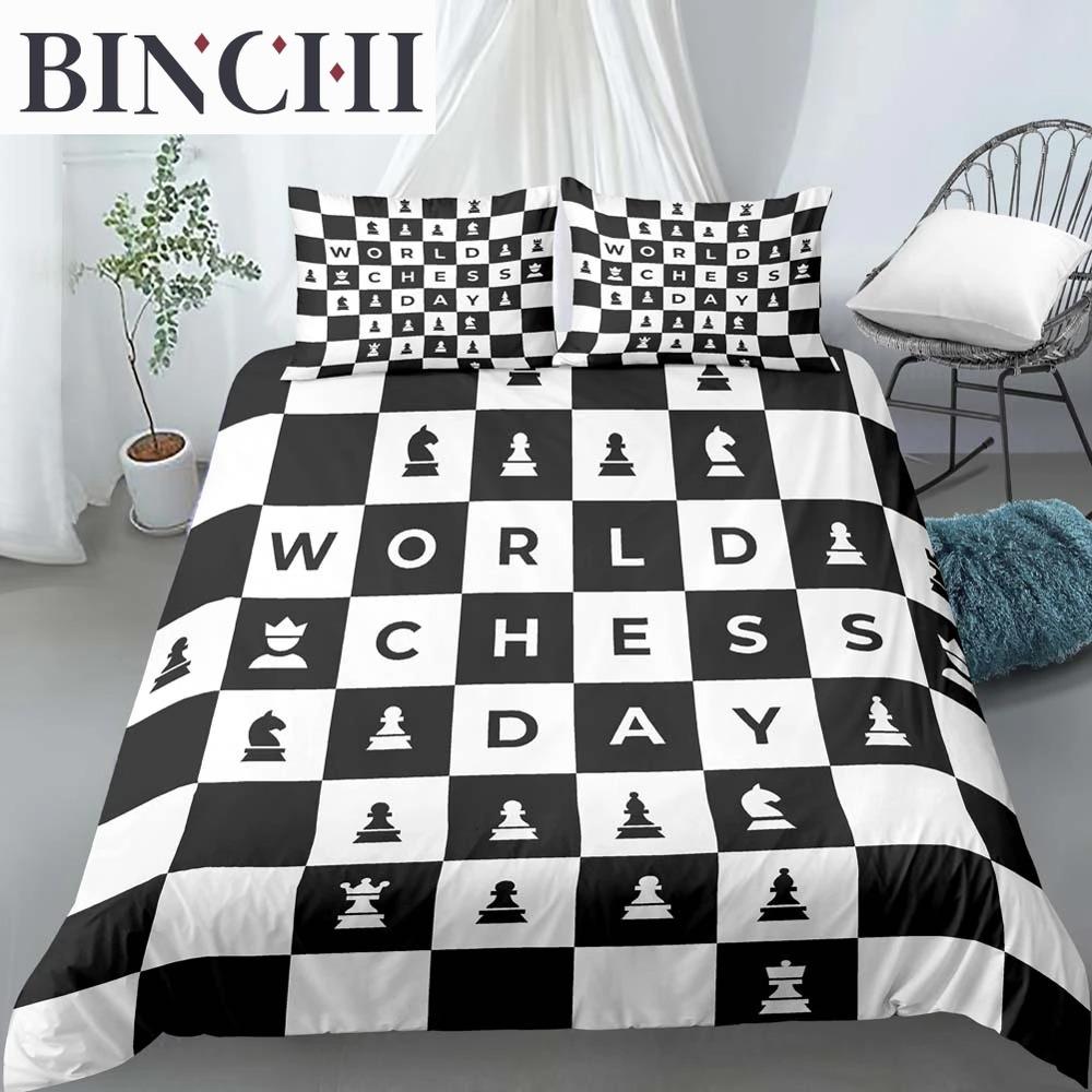 International Chess King Queen Duvet Cover Chess Board Bedding Set Black White Grid Quilt Cover Plaid Polyester