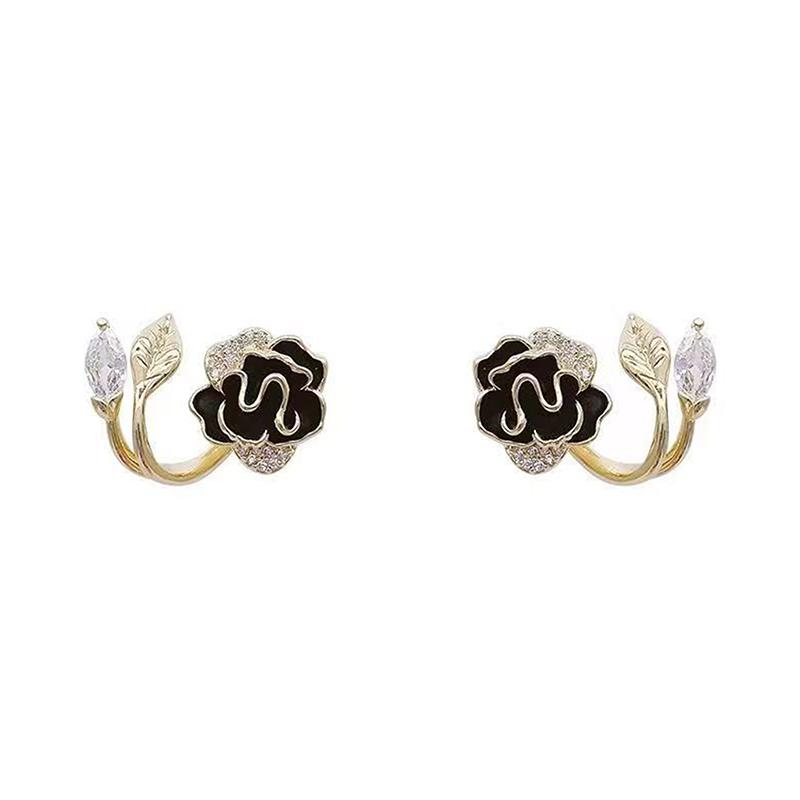 

(HS)1Pair Unique Vintage Temperament Elegant Black Camellia Rhinestone Small Flower New Style Earrings