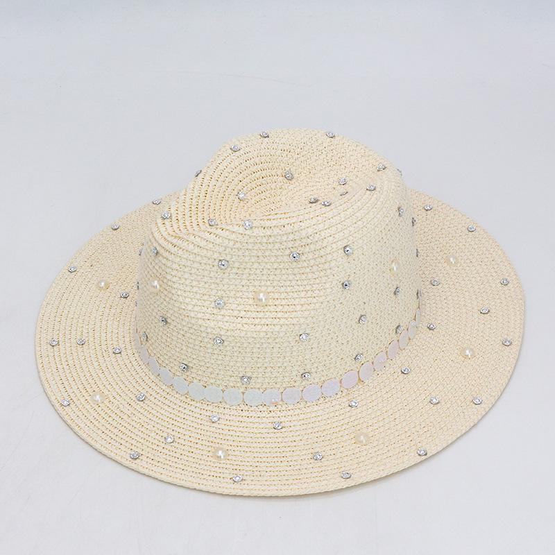 

Pearl Panama Straw Hat Fashion Men s and Women s Diamond Sequined Top Hat Seaside Sunscreen Beach Hat one size fits all бежевий