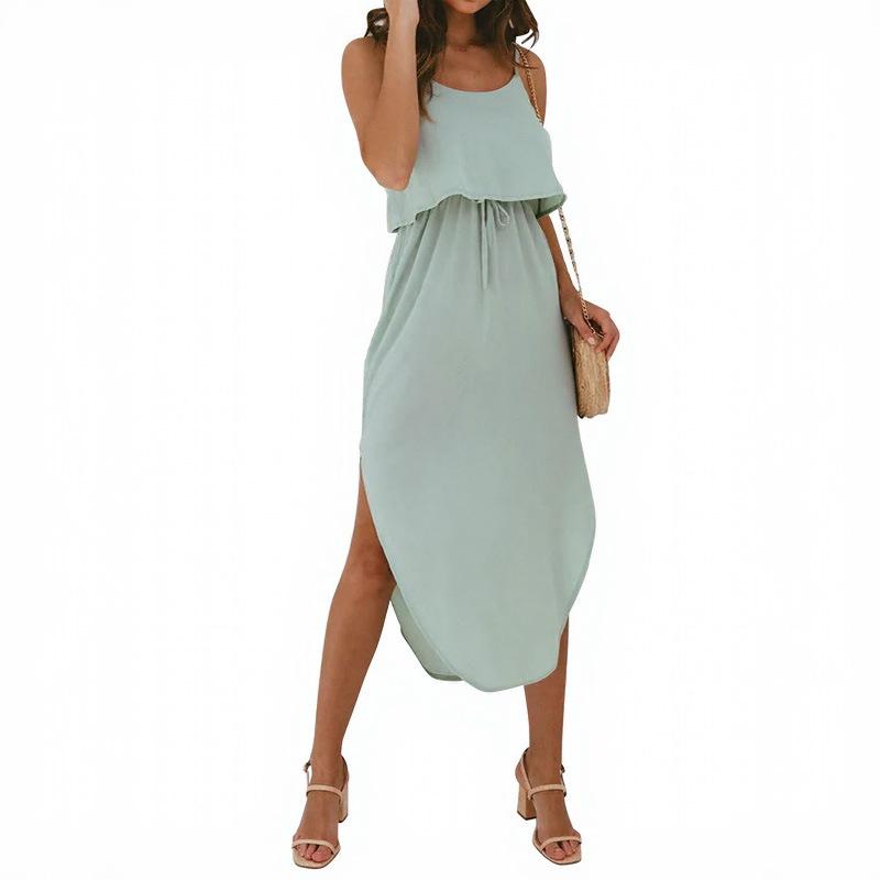 Women's Summer Casual Solid Color Irregular Split Halter Dress High Waist Fake Two Dress