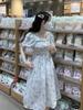 French first love floral dress female summer small temperament waist square neck bubble sleeve fairy gentle wind long dress