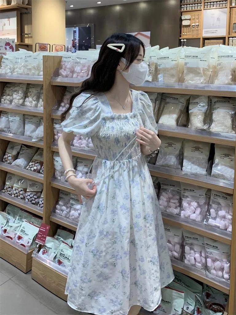 French first love floral dress female summer small temperament waist square neck bubble sleeve fairy gentle wind long dress