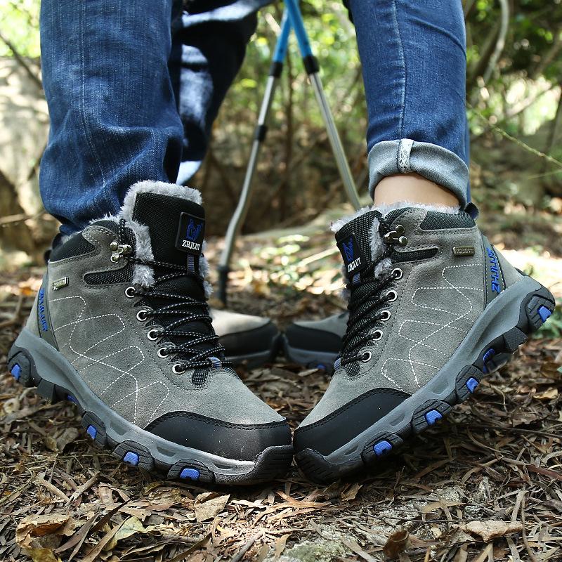 Men's High-Top Leather and Fur Hiking Boots - Warm, Non-Slip, Winter-Ready