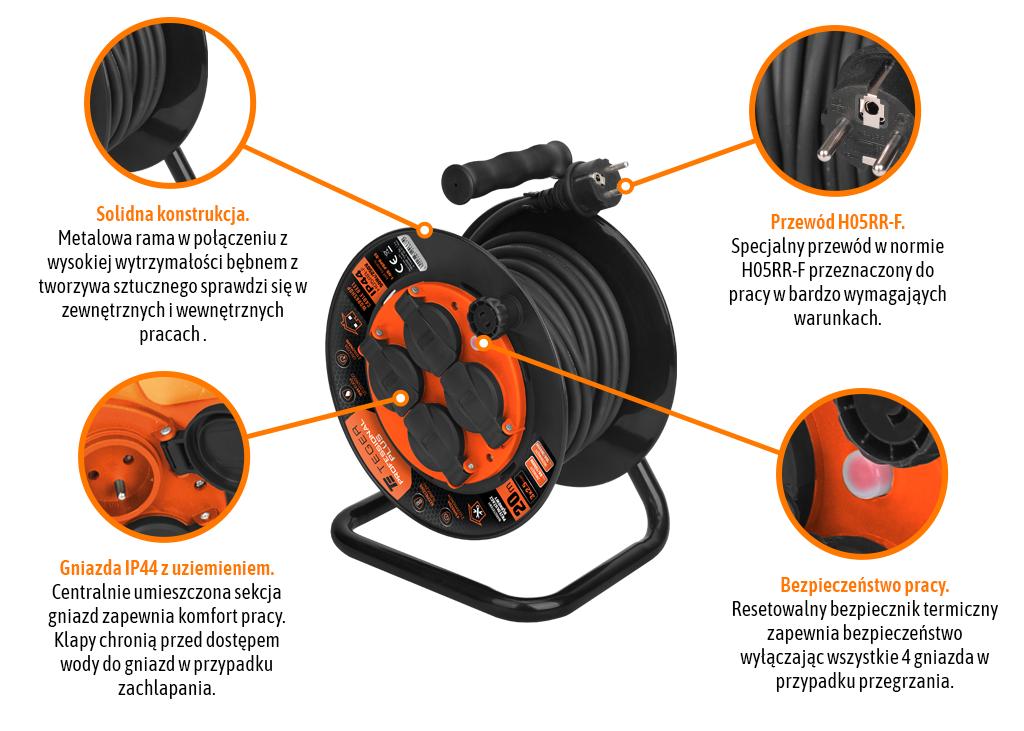 Przedłużacz Bębnowy, Warsztatowy Professional, 3X2,5Mm, Ip44, H05Rr-F, Cert. Ce / 20M, Teger