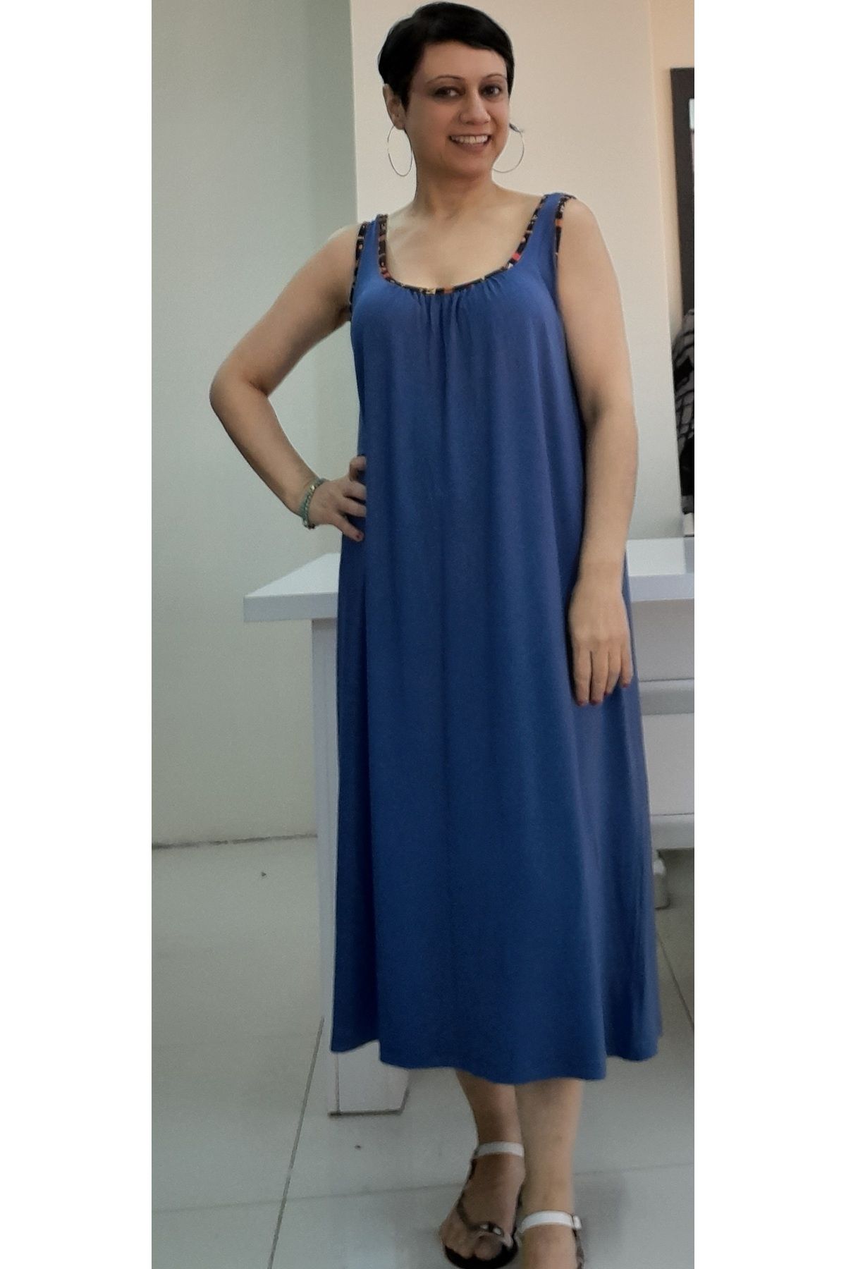 

Women s Big Size Dress Indigo (Light Navy Blue) Combed Cotton Viscose Dress with Piping Detail and Gathered Front and Back XL/2XL